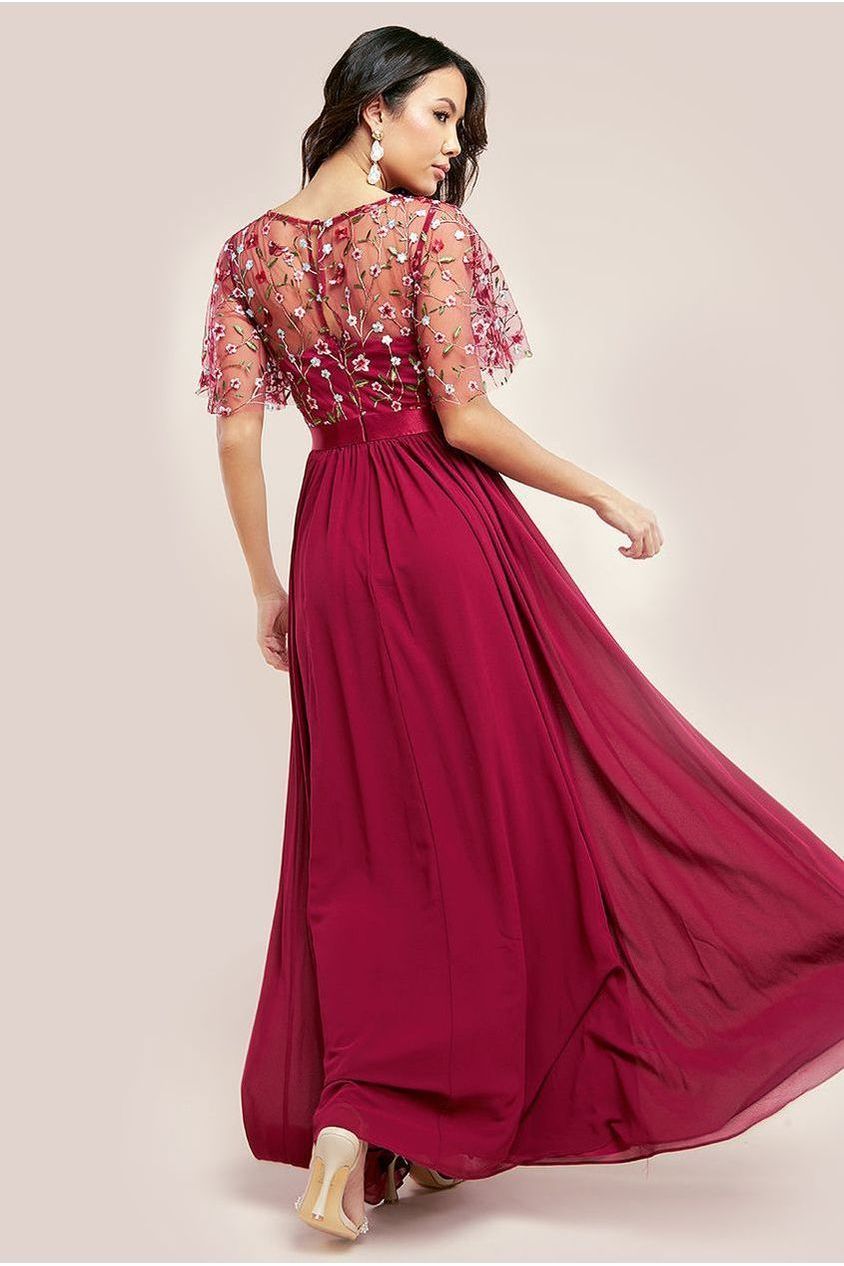 Embroidered Top Flutter Sleeve Maxi - Burgundy DR3799