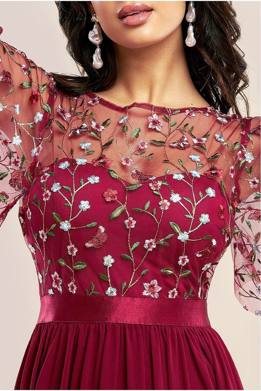 Embroidered Top Flutter Sleeve Maxi - Burgundy DR3799