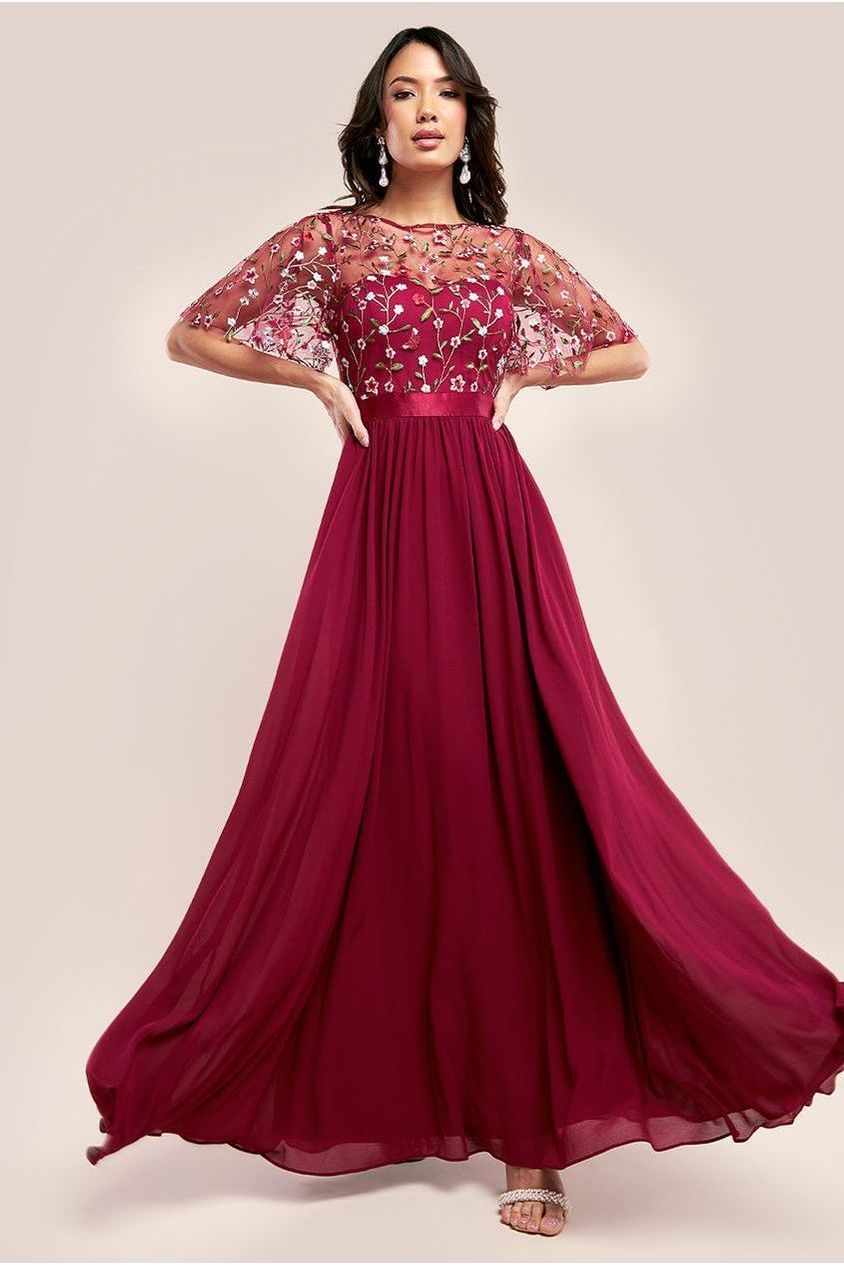 Embroidered Top Flutter Sleeve Maxi - Burgundy DR3799