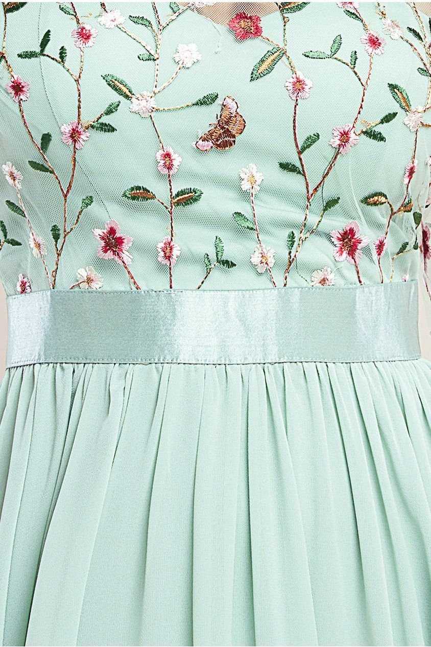 Embroidered Top Flutter Sleeve Maxi - Sage Green DR3799