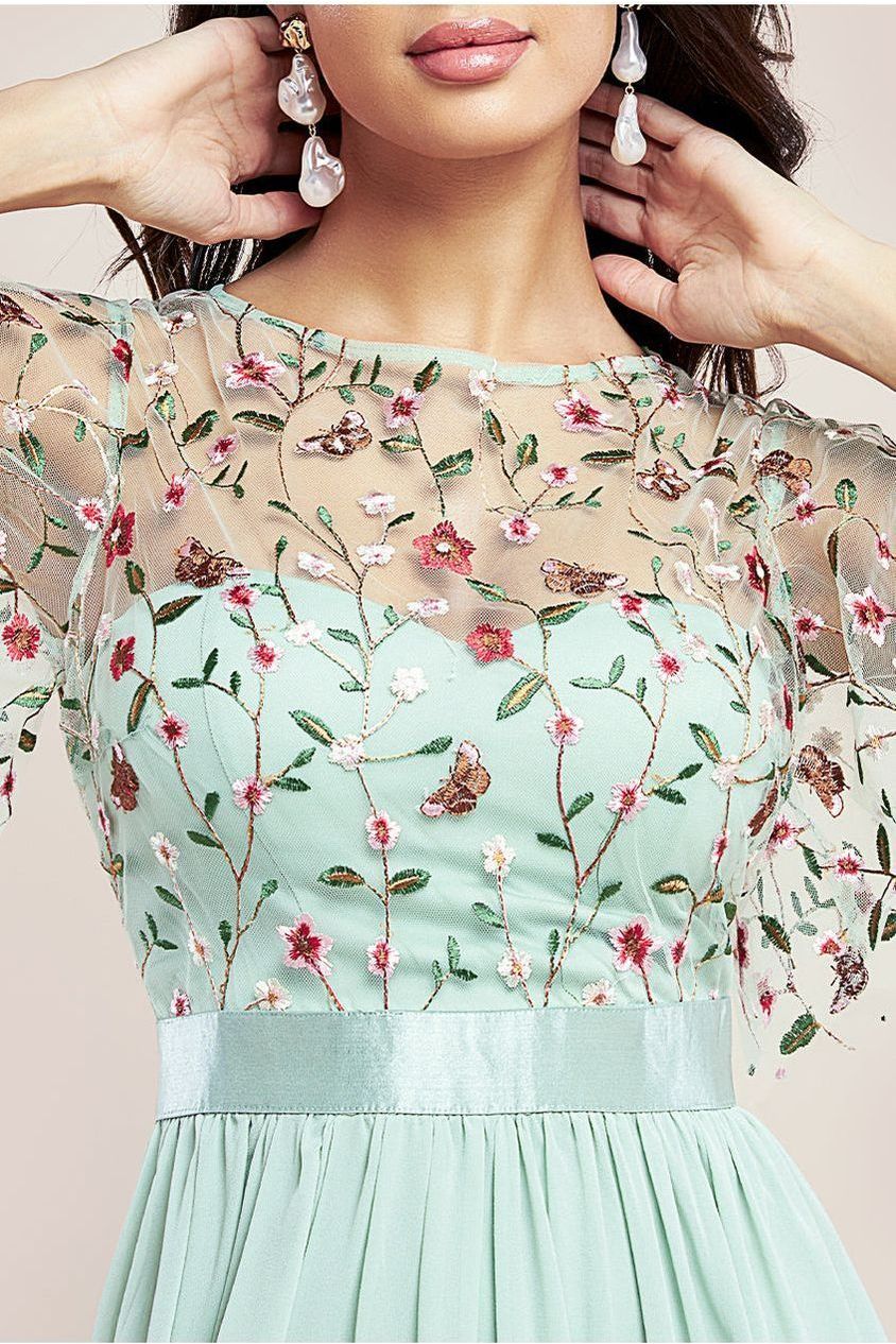 Embroidered Top Flutter Sleeve Maxi - Sage Green DR3799