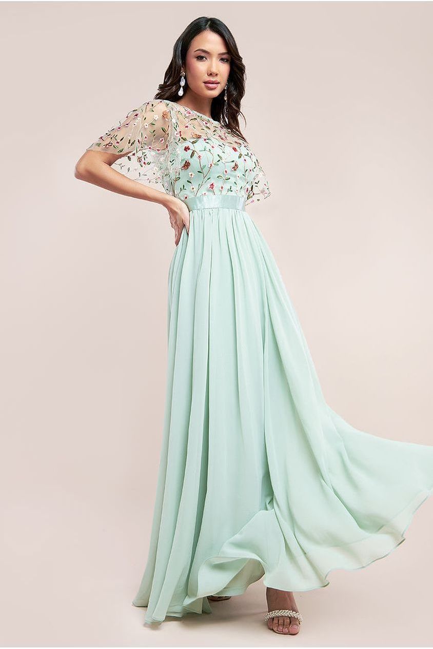 Embroidered Top Flutter Sleeve Maxi - Sage Green | Goddiva Embroidered Top Flutter Sleeve Maxi - Sage Green | Goddiva