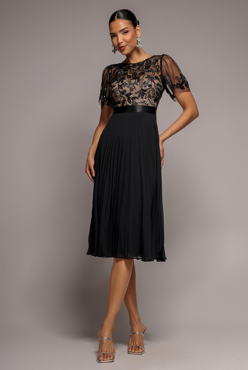 Embroidered Top Chiffon Pleated Midi - Black | Goddiva Embroidered Top Chiffon Pleated Midi - Black | Goddiva