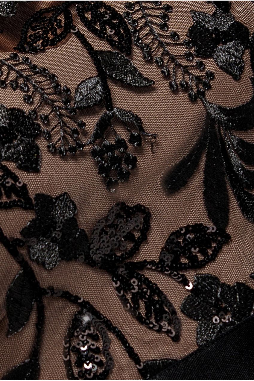 Embroidered Top Chiffon Pleated Midi - Black DR3802