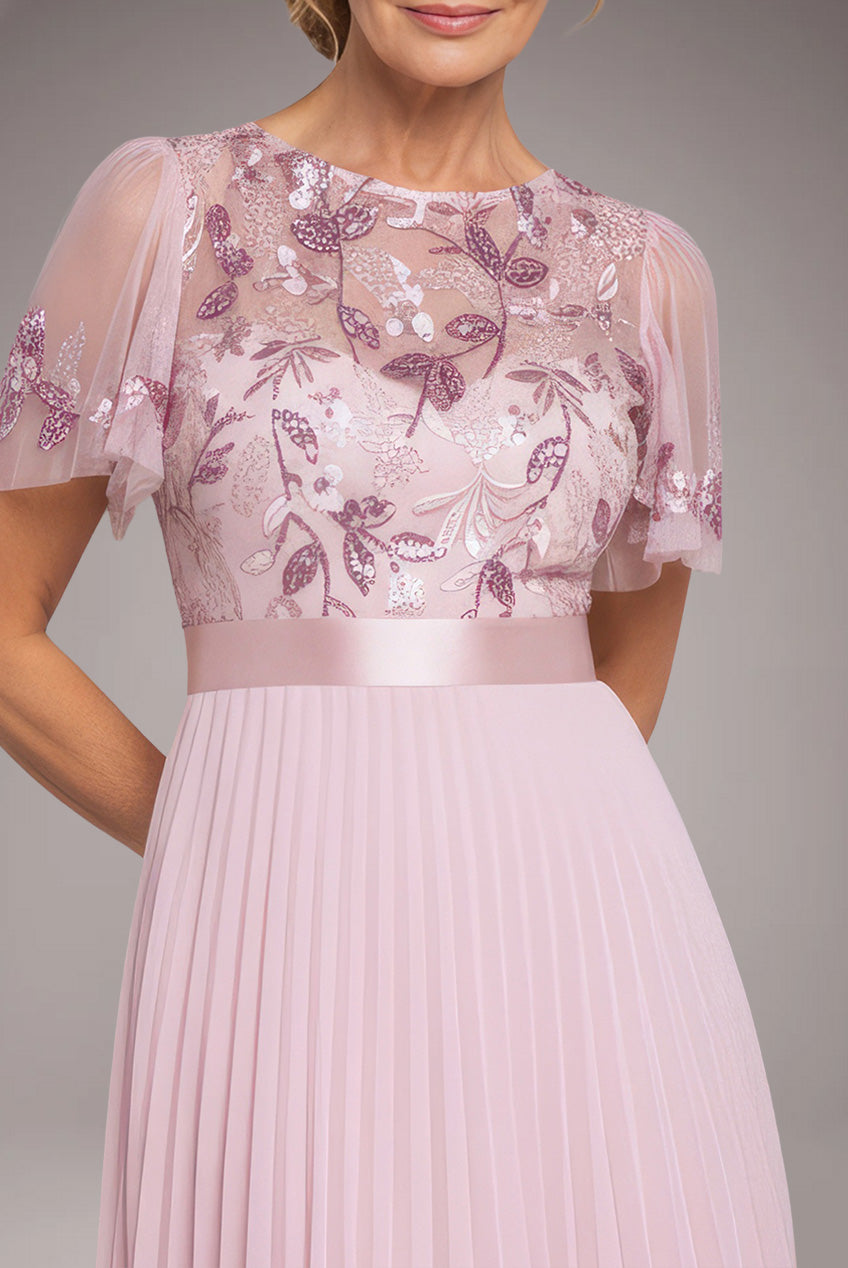 Embroidered Top Chiffon Pleated Midi - Blush Pink DR3802M