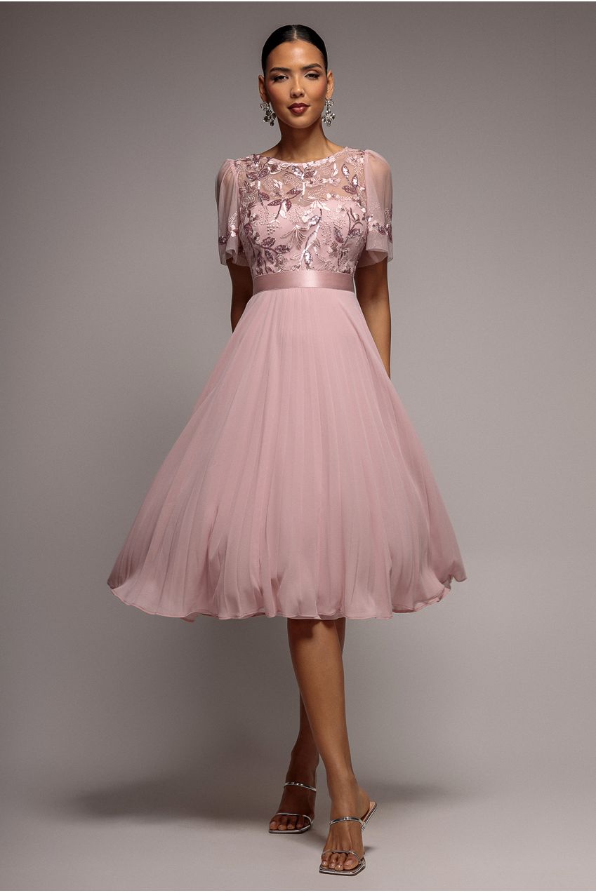 Embroidered Top Chiffon Pleated Midi - Blush Pink DR3802