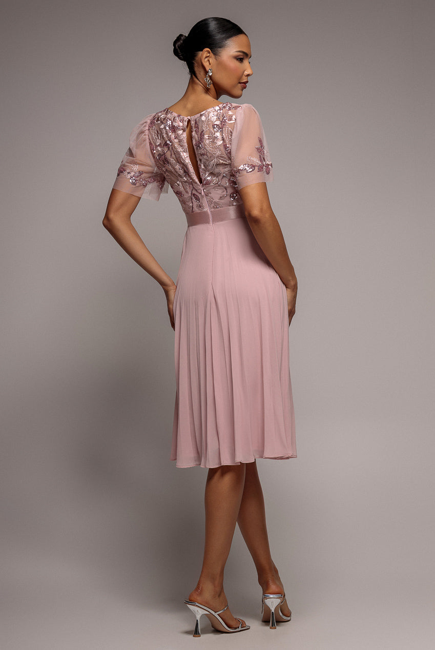 Embroidered Top Chiffon Pleated Midi - Blush Pink DR3802