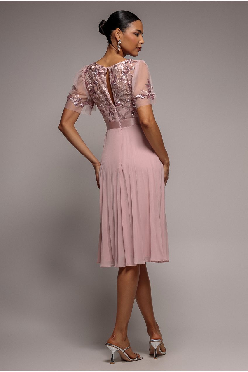 Embroidered Top Chiffon Pleated Midi - Blush Pink DR3802