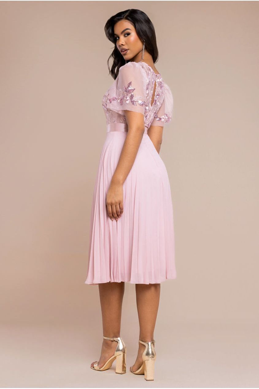 Embroidered Top Chiffon Pleated Midi - Blush Pink DR3802
