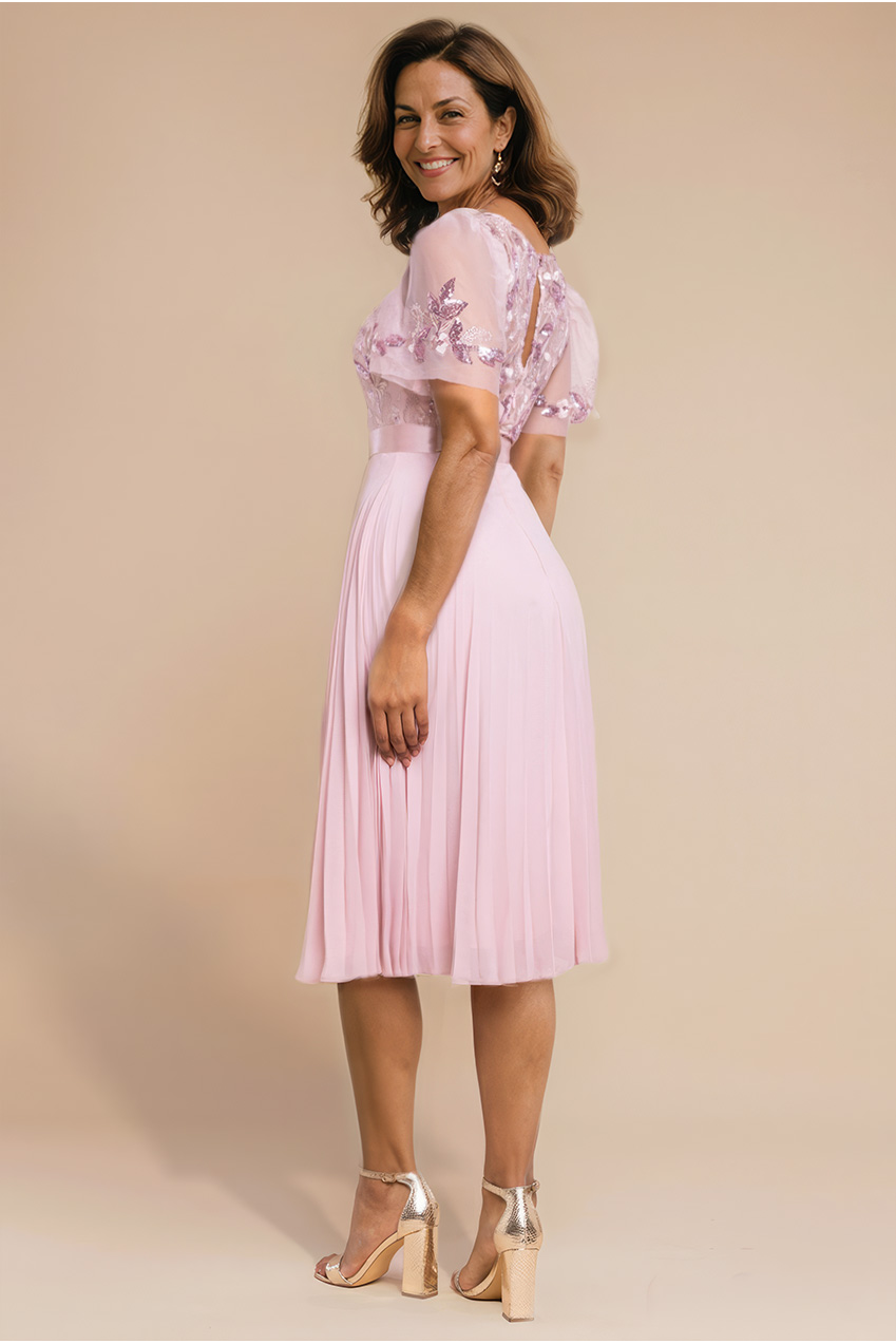 Embroidered Top Chiffon Pleated Midi - Blush Pink DR3802M