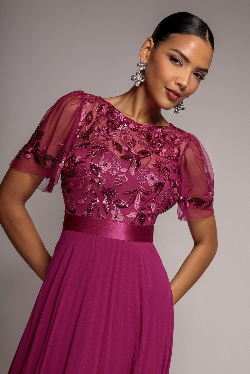 Embroidered Top Chiffon Pleated Midi - Magenta DR3802