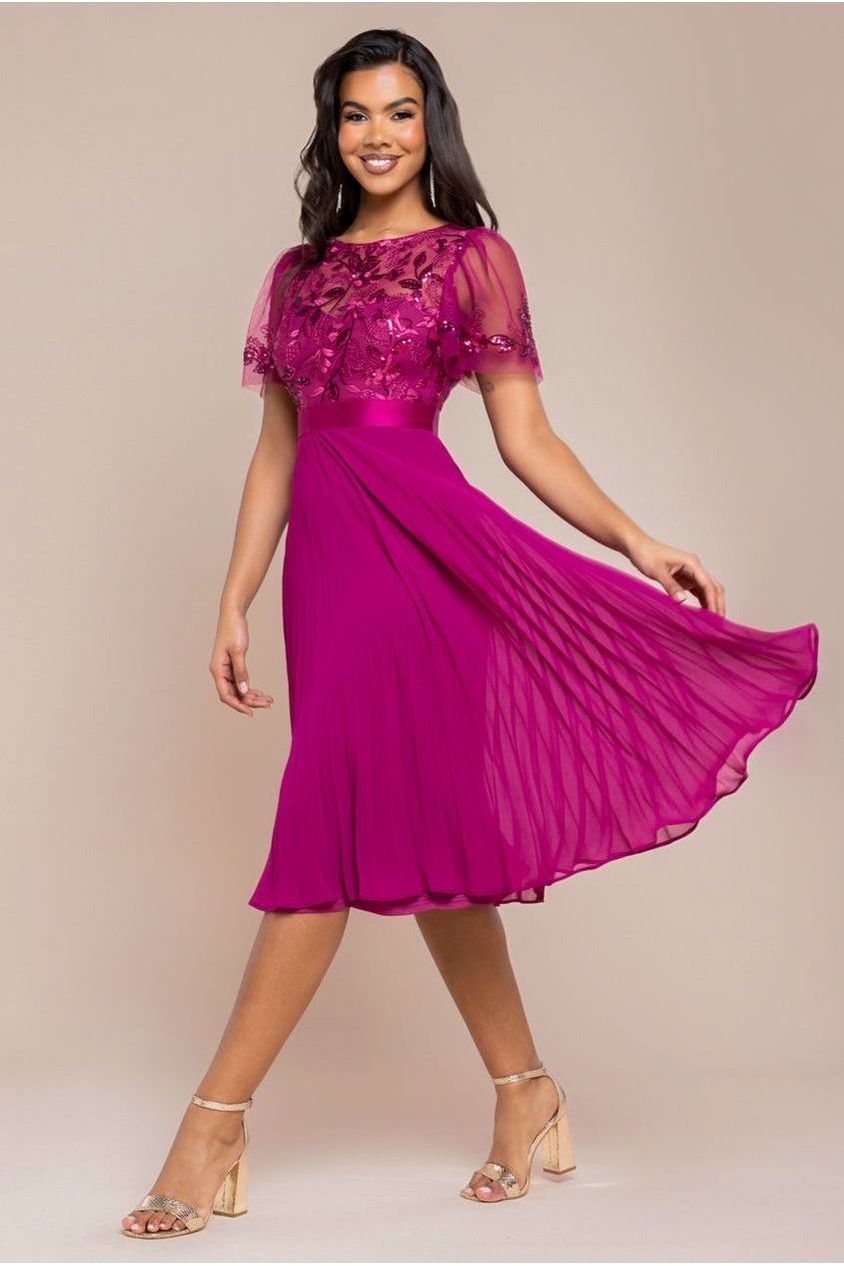 Embroidered Top Chiffon Pleated Midi - Magenta DR3802
