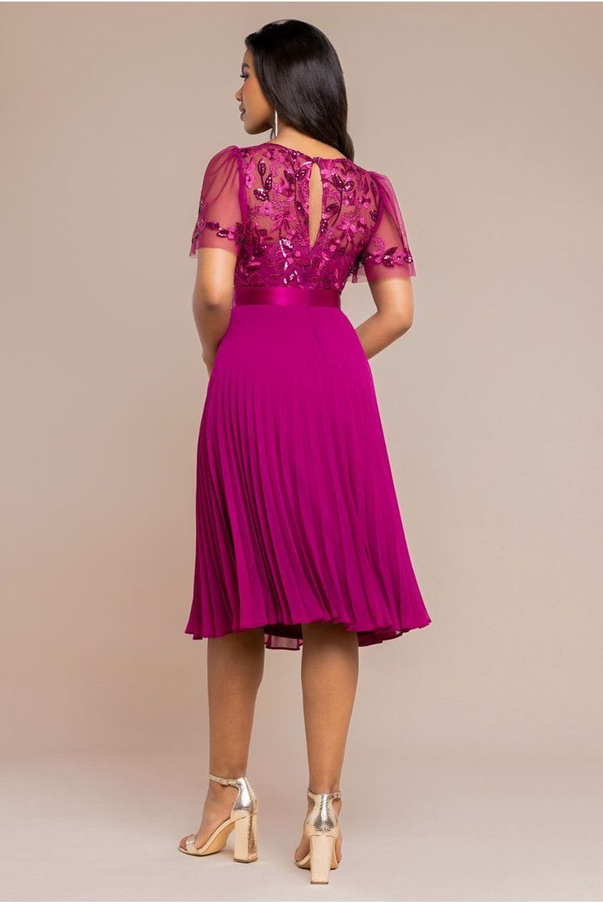 Embroidered Top Chiffon Pleated Midi - Magenta DR3802