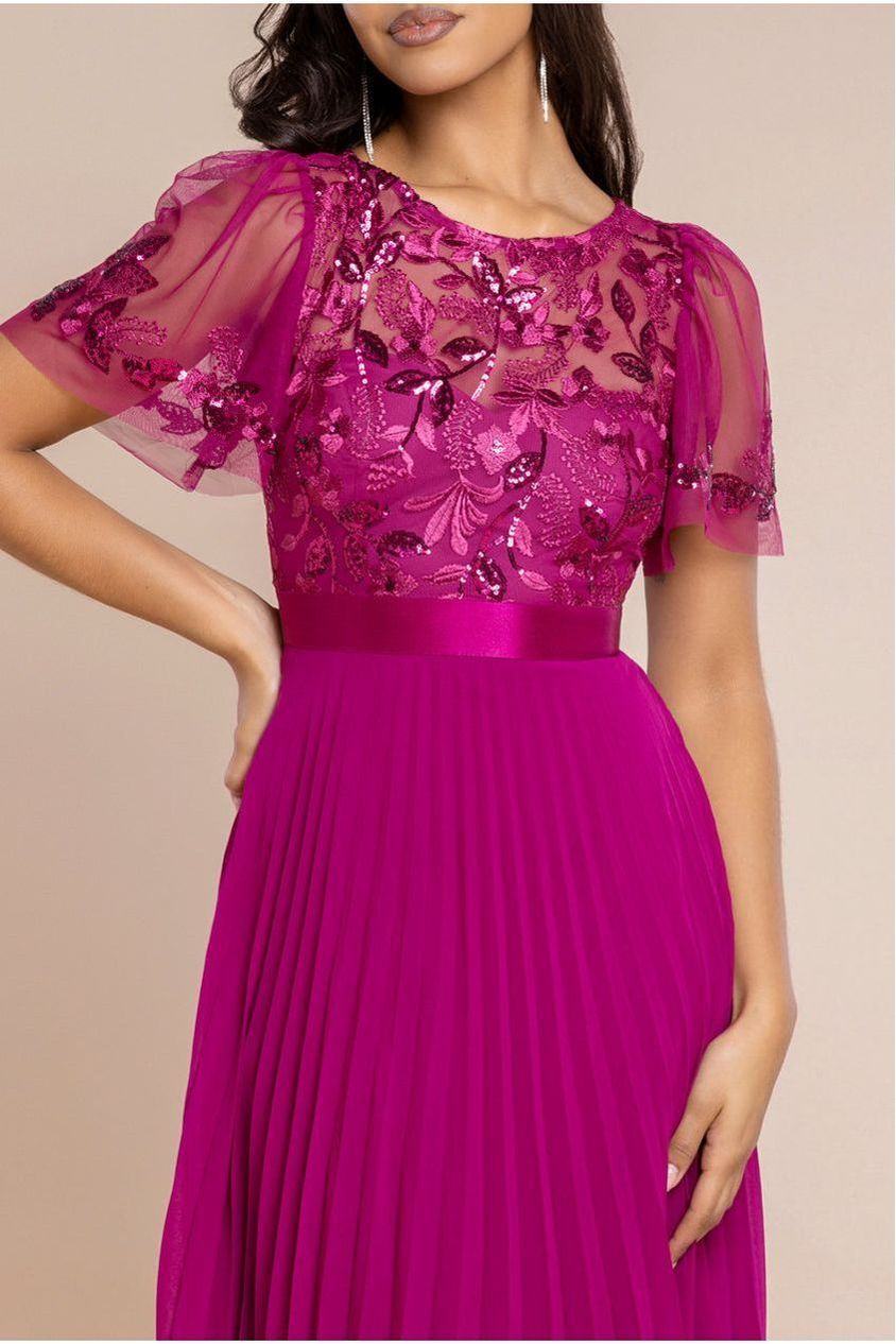 Embroidered Top Chiffon Pleated Midi - Magenta DR3802