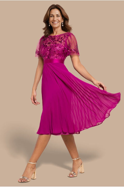 Embroidered Top Chiffon Pleated Midi - Magenta by Goddiva