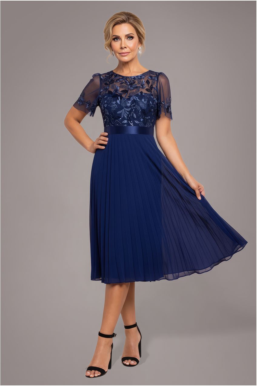 Embroidered Top Chiffon Pleated Midi - Navy Blue DR3802M