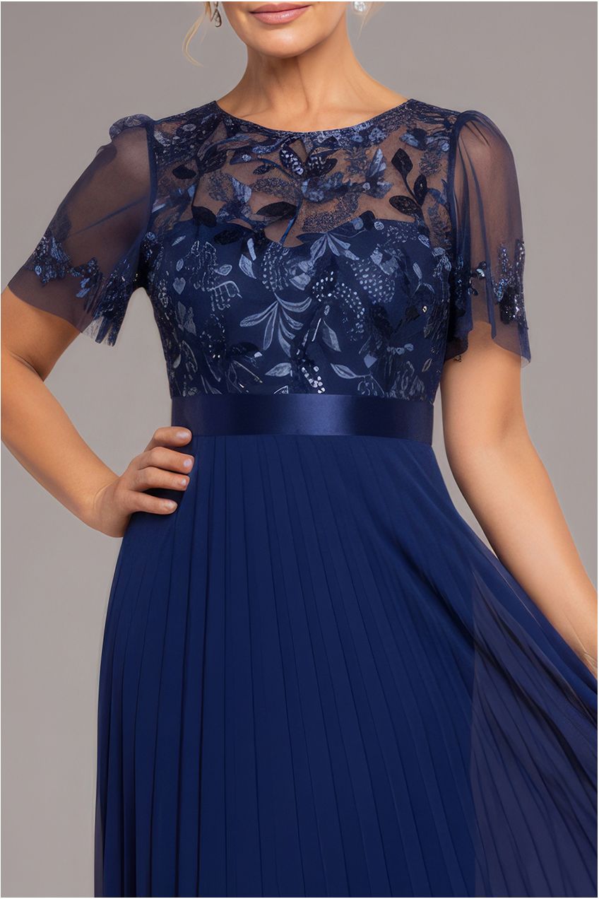 Embroidered Top Chiffon Pleated Midi - Navy Blue DR3802M