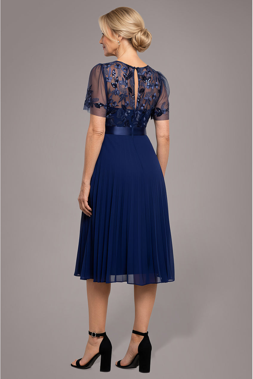Embroidered Top Chiffon Pleated Midi - Navy Blue DR3802M