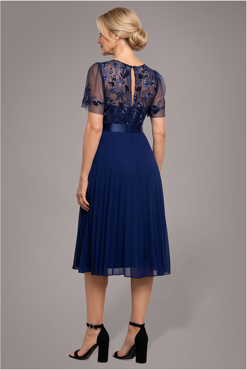 Embroidered Top Chiffon Pleated Midi - Navy Blue DR3802M