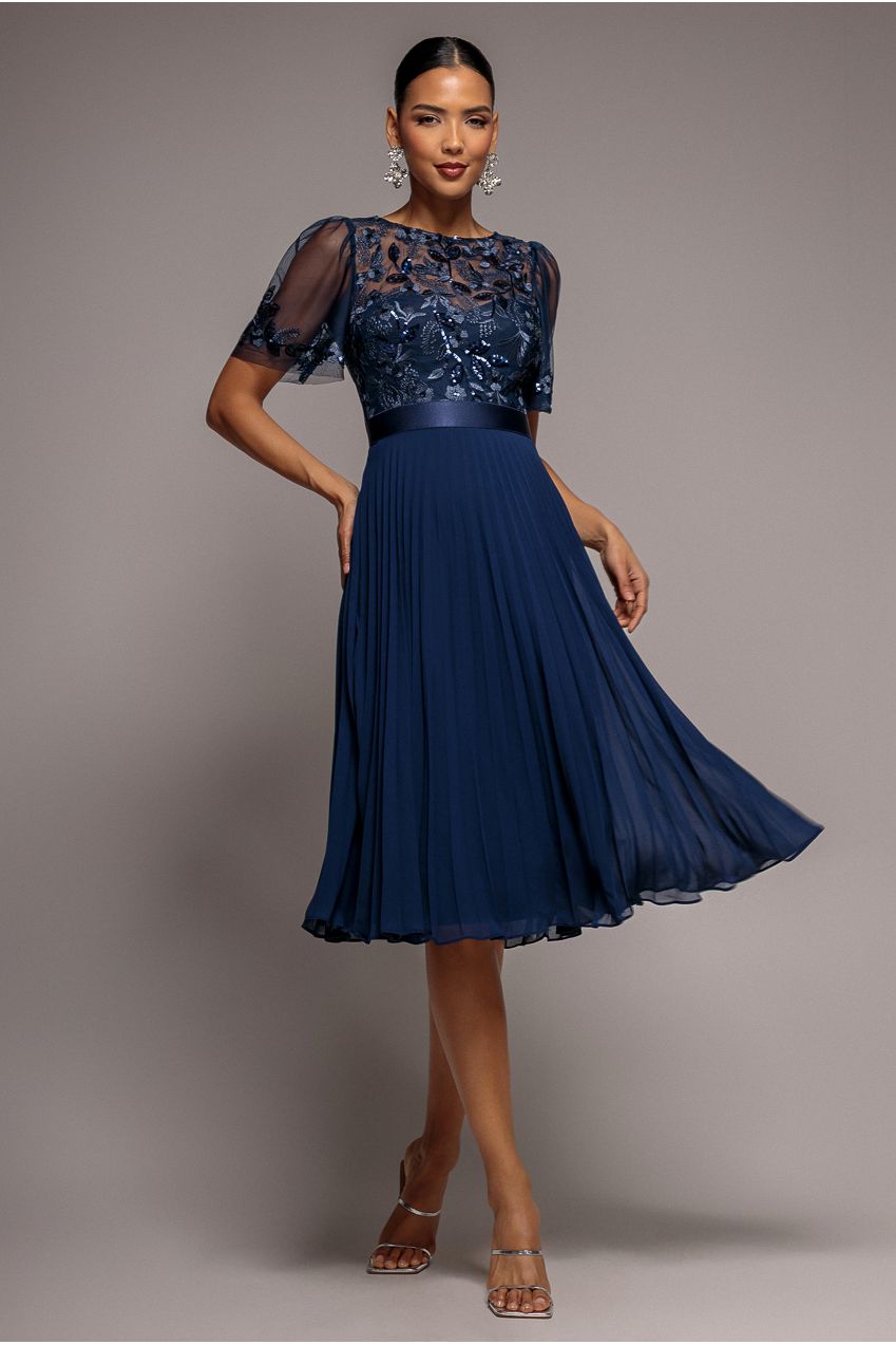 Embroidered Top Chiffon Pleated Midi - Navy Blue DR3802