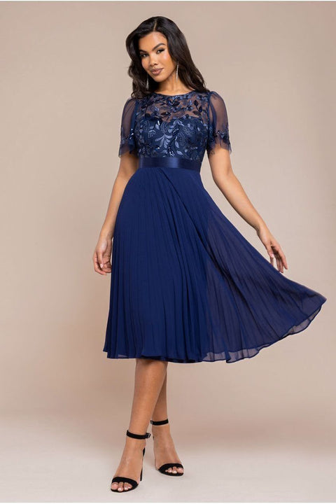 Embroidered Top Chiffon Pleated Midi - Navy Blue by Goddiva