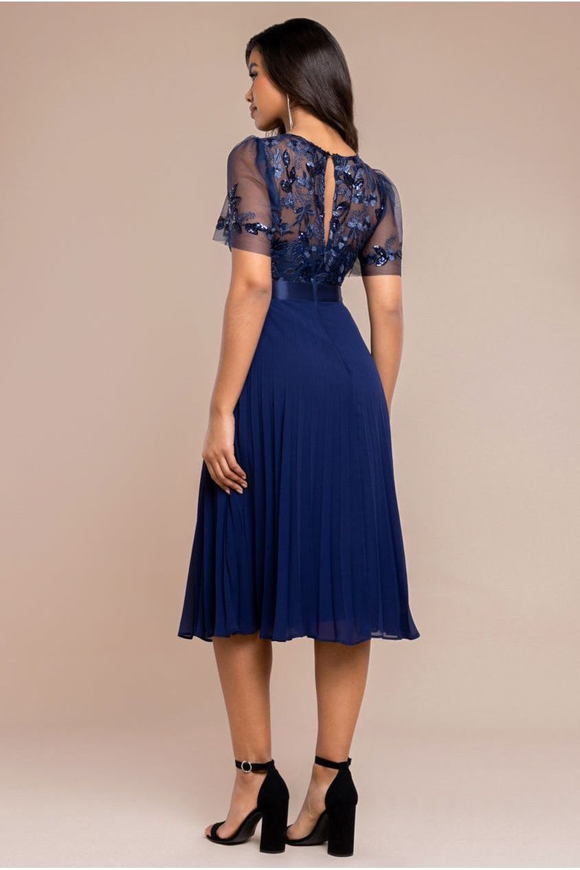 Embroidered Top Chiffon Pleated Midi - Navy Blue DR3802
