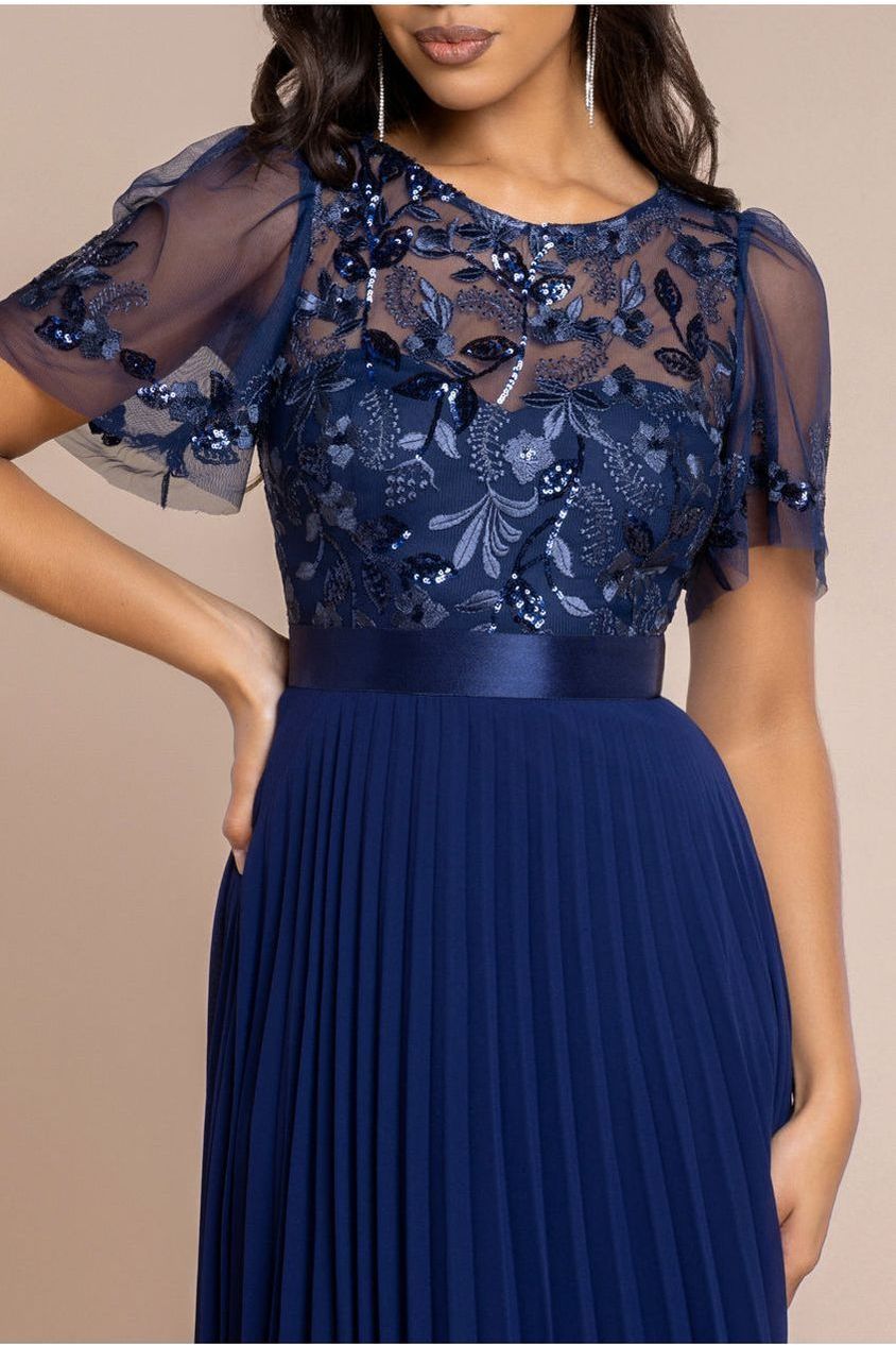 Embroidered Top Chiffon Pleated Midi - Navy Blue DR3802
