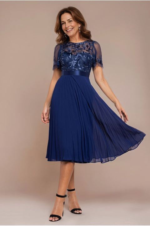Embroidered Top Chiffon Pleated Midi - Navy Blue by Goddiva