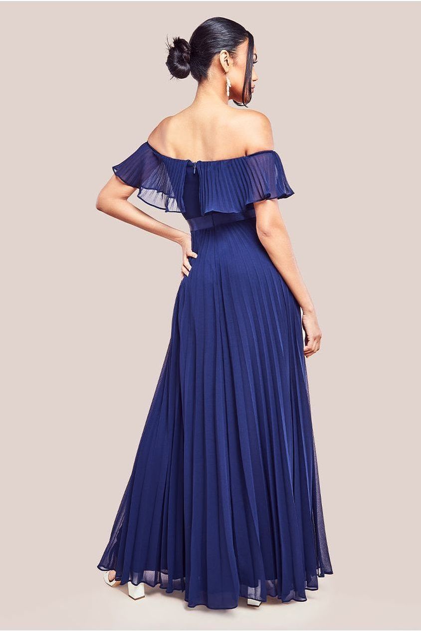 Pleated Chiffon Off Shoulder Maxi Dress - Navy DR3805