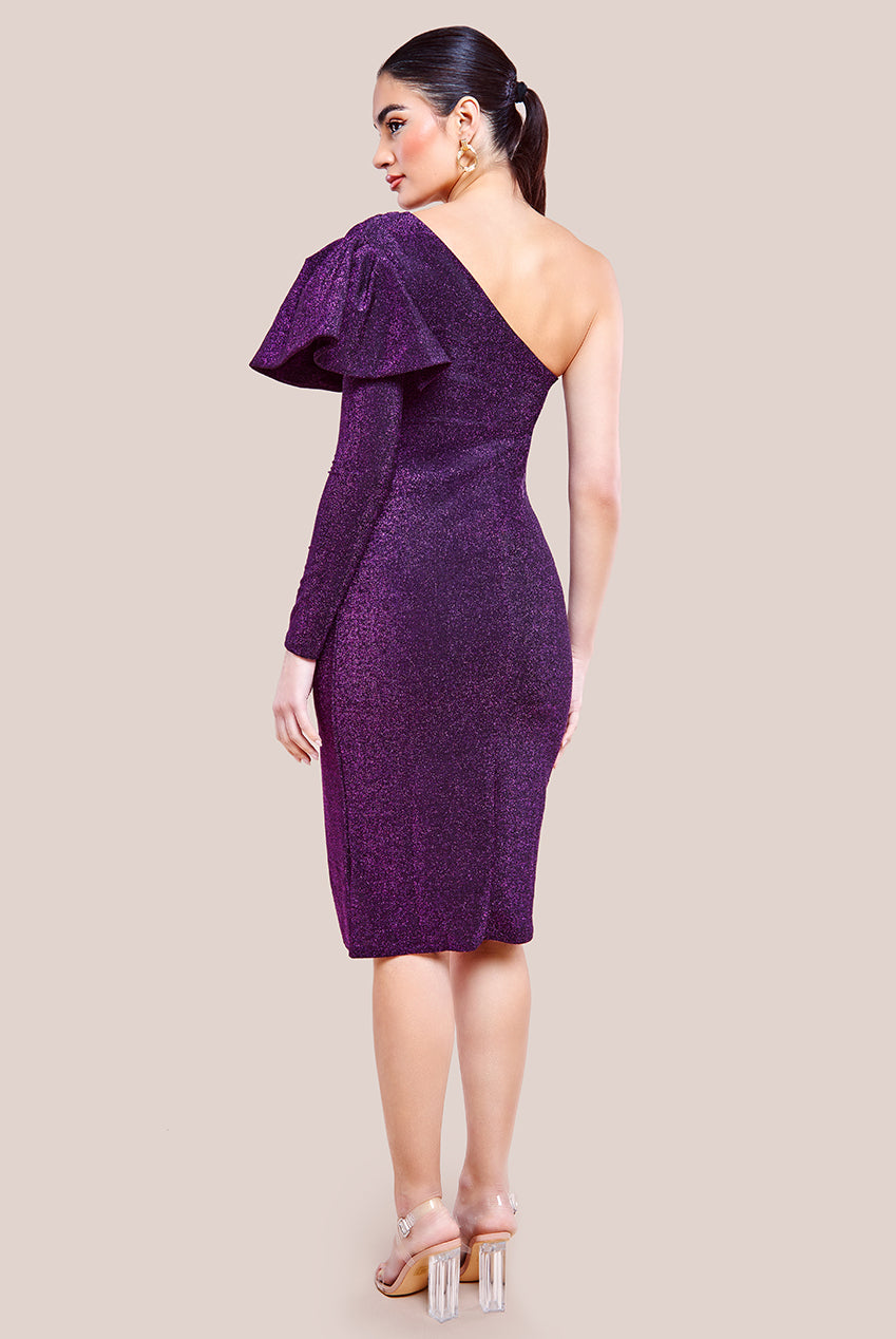 One Sleeve Frill Lurex Midi Dress - Purple DR3806