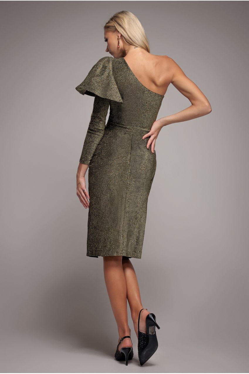 One Sleeve Frill Lurex Midi Dress - Gold DR3806