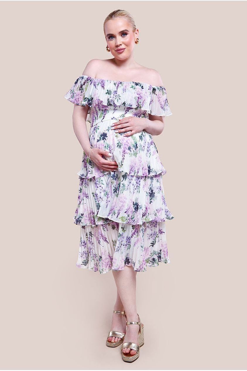 Maternity Shirred Chiffon Floral Bardot Midi Dress - Multi DR3810MAT