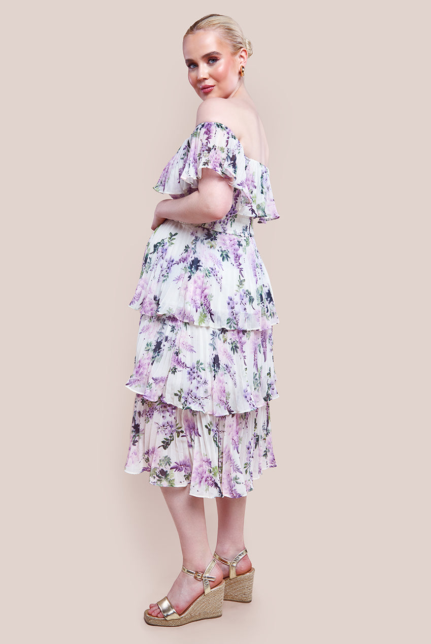 Maternity Shirred Chiffon Floral Bardot Midi Dress - Multi DR3810MAT