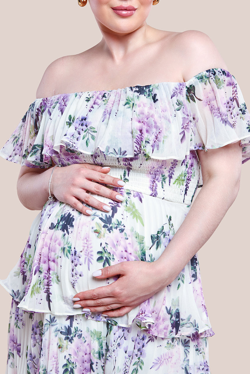 Maternity Shirred Chiffon Floral Bardot Midi Dress - Multi DR3810MAT