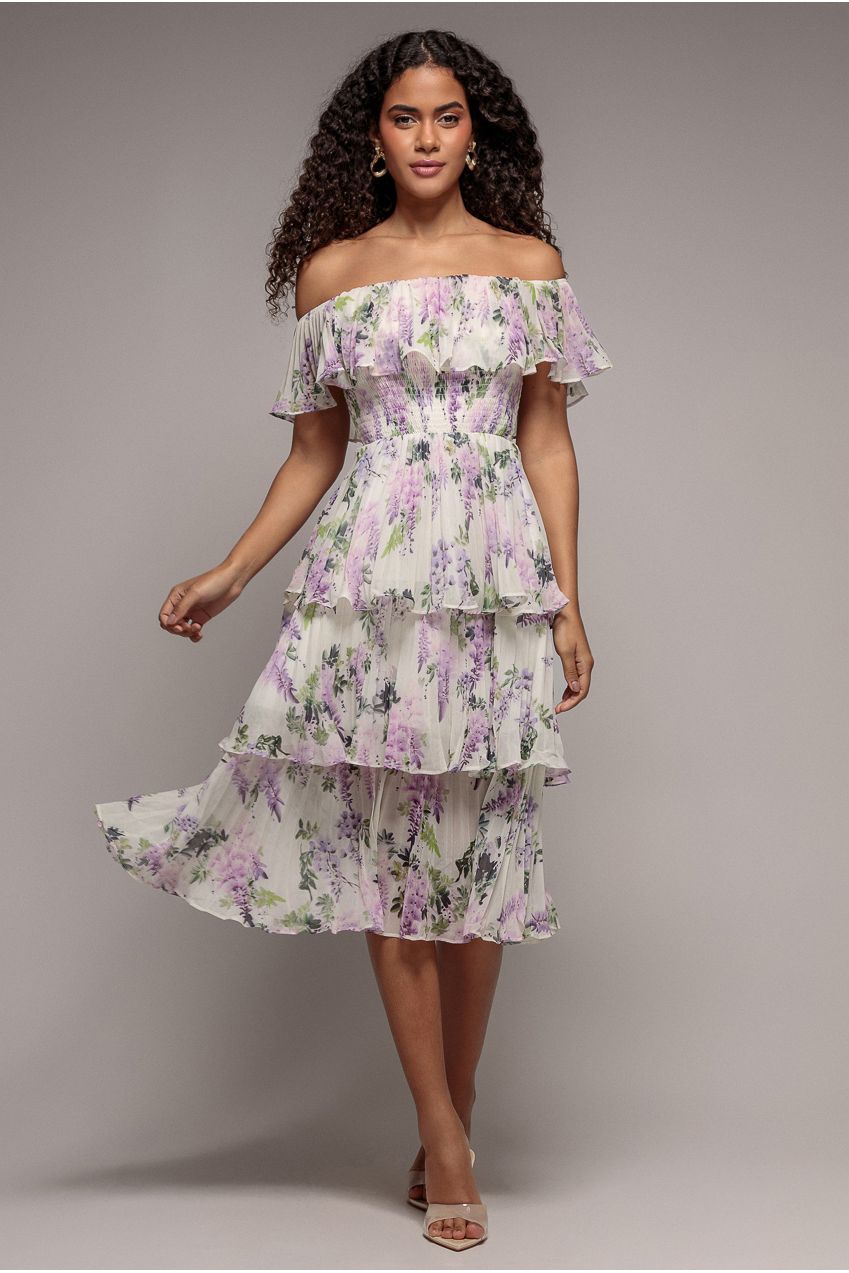 Shirred Chiffon Floral Bardot Midi Dress - Multi DR3810QZ