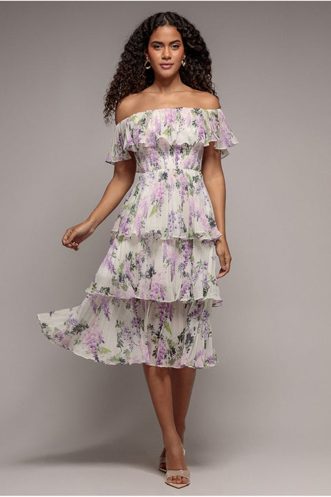Shirred Chiffon Floral Bardot Midi Dress - Multi by Goddiva