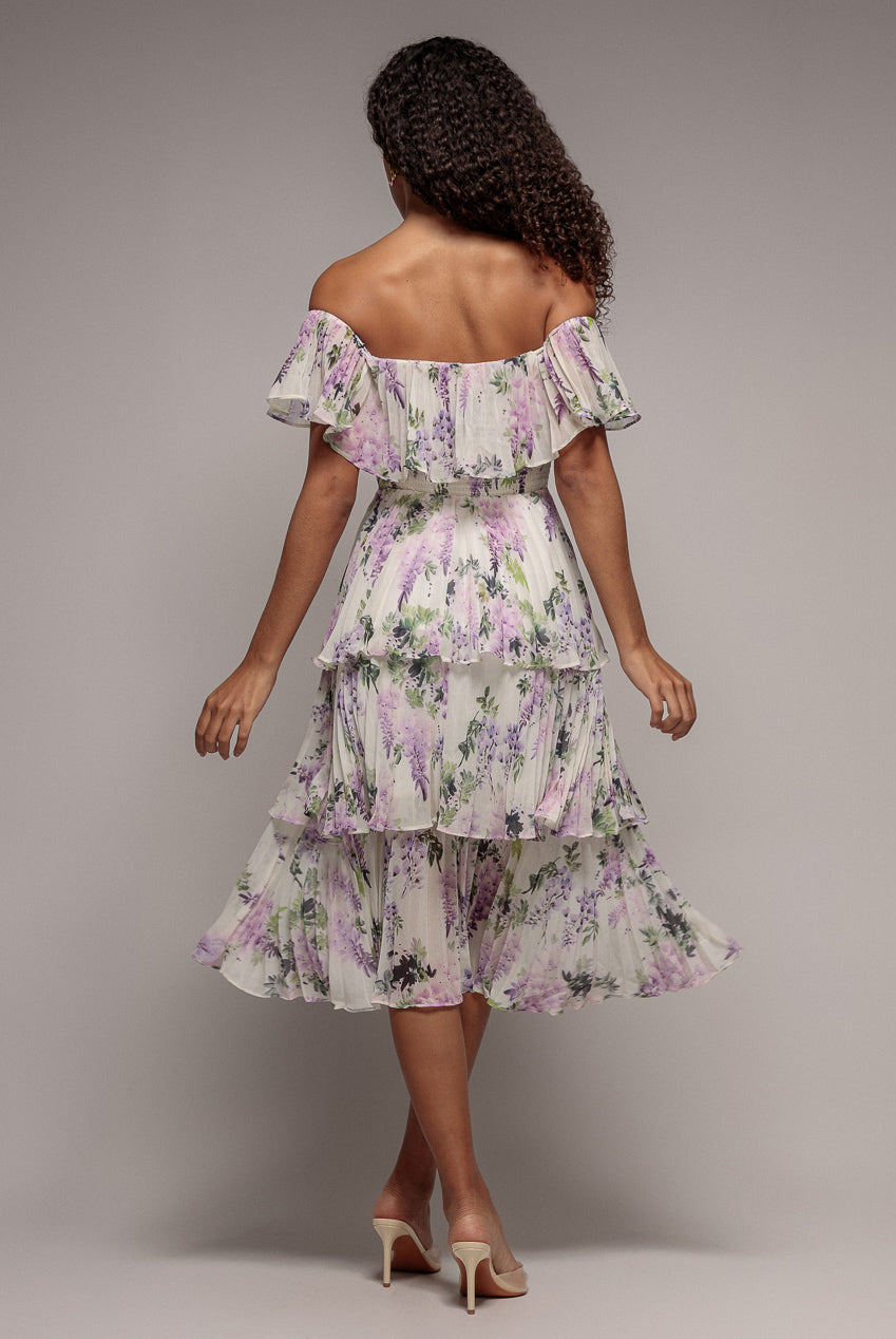 Shirred Chiffon Floral Bardot Midi Dress - Multi DR3810QZ