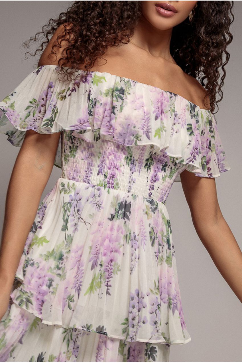 Shirred Chiffon Floral Bardot Midi Dress - Multi DR3810QZ