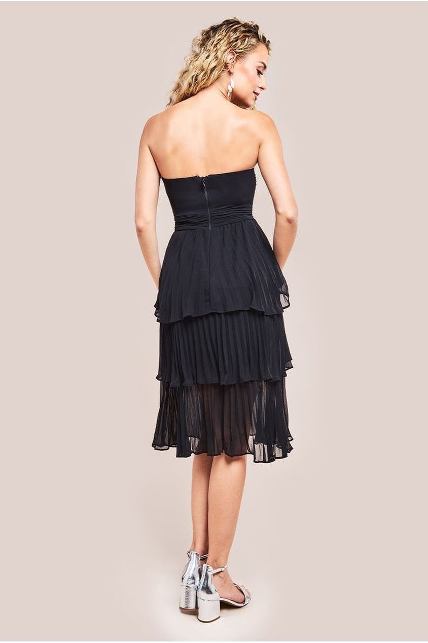 Pleated Bandeau Bodice Chiffon Tiered Midi - Black DR3811