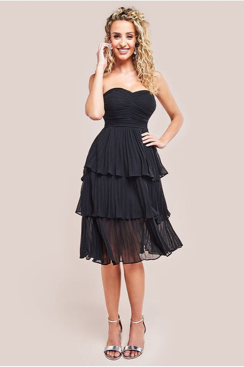 Pleated Bandeau Bodice Chiffon Tiered Midi - Black by Goddiva