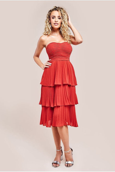 Pleated Bandeau Bodice Chiffon Tiered Midi - Orange by Goddiva