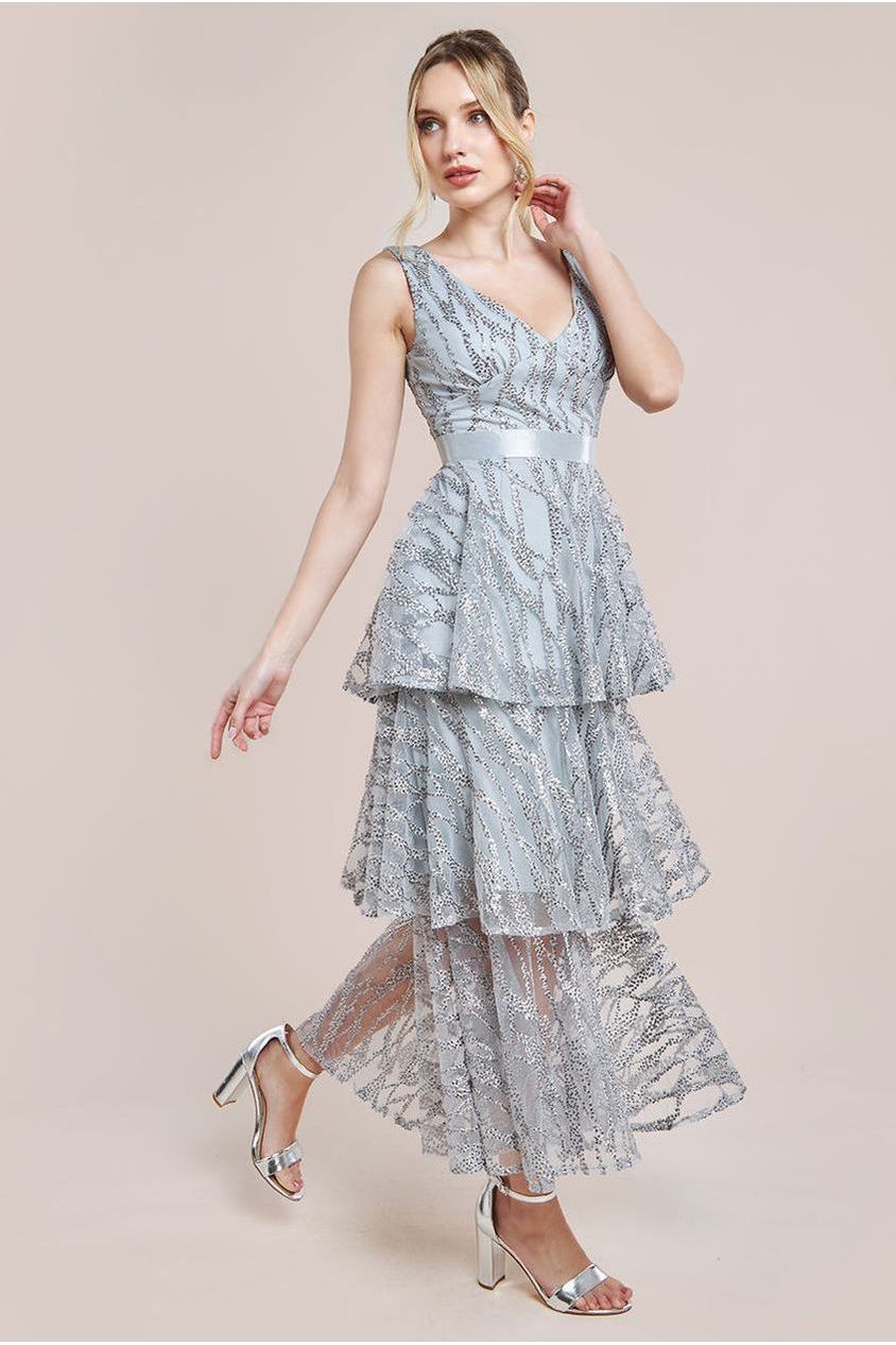 Embroidered Mesh Tiered Midi Dress - Grey DR3812