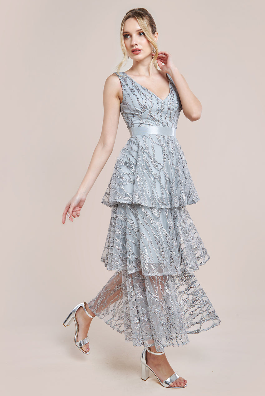 Embroidered Mesh Tiered Midi Dress - Grey DR3812