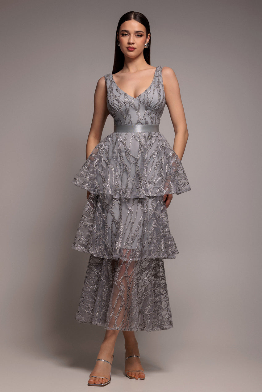 Embroidered Mesh Tiered Midi Dress - Grey DR3812