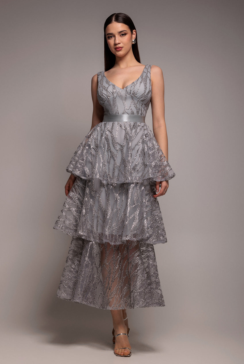 Embroidered Mesh Tiered Midi Dress - Grey DR3812