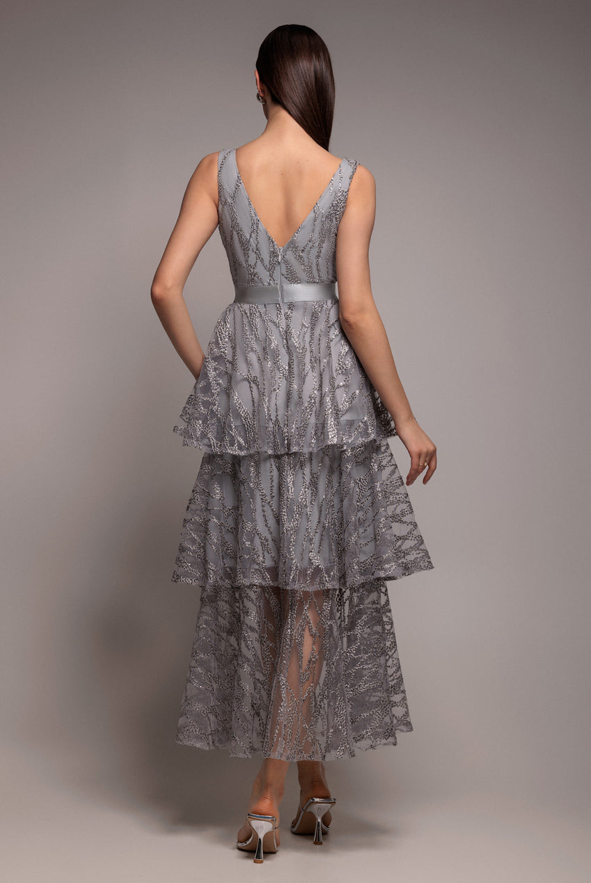 Embroidered Mesh Tiered Midi Dress - Grey DR3812