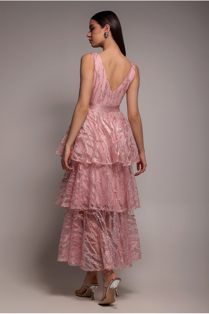 Embroidered Mesh Tiered Midi Dress - Pink DR3812
