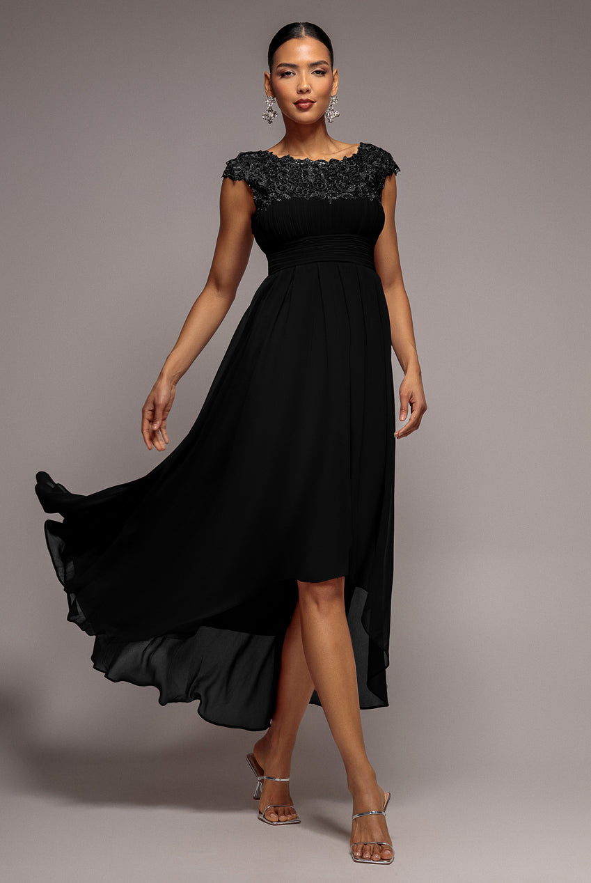 Crochet & Pleated Top High Low Maxi - Black | Goddiva