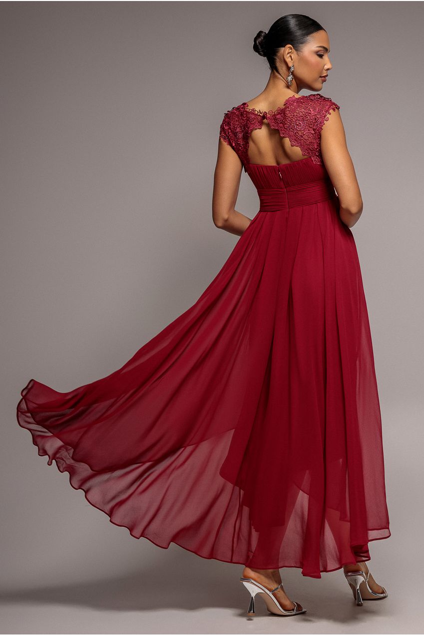 Crochet & Pleated Top High Low Maxi - Burgundy DR3820