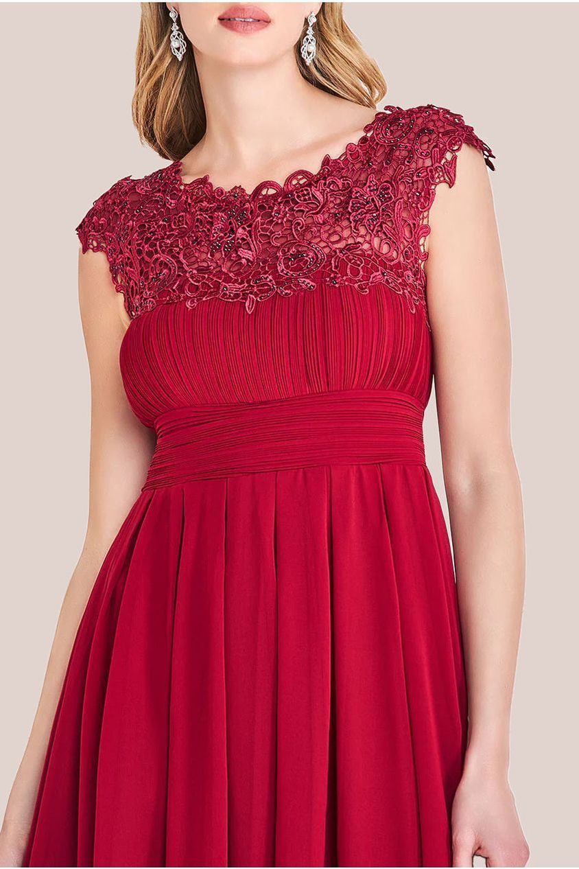 Crochet & Pleated Top High Low Maxi - Burgundy DR3820